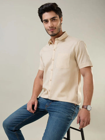 Beige Solid Half Sleeve Shirt Tim Paris