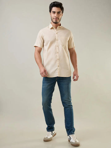 Beige Solid Half Sleeve Shirt Tim Paris