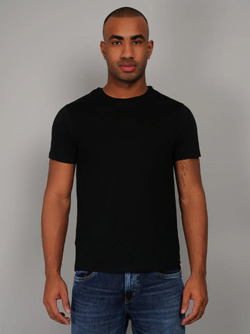 Black Solid Round Neck T-Shirt Tim Paris