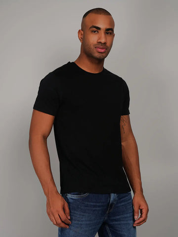 Black Solid Round Neck T-Shirt Tim Paris