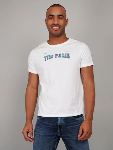 White Round Neck Graphic Printed T Shirt TIM PARIS