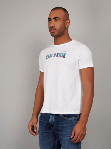 White Round Neck Graphic Printed T Shirt TIM PARIS