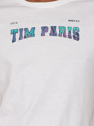 White Round Neck Graphic Printed T Shirt TIM PARIS