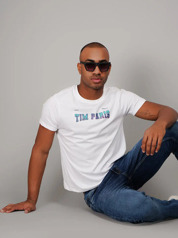 White Round Neck Graphic Printed T Shirt TIM PARIS