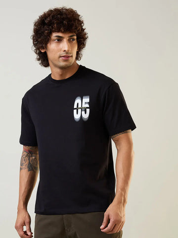 Black Printed Relaxed Fit T-Shirt Tim Paris