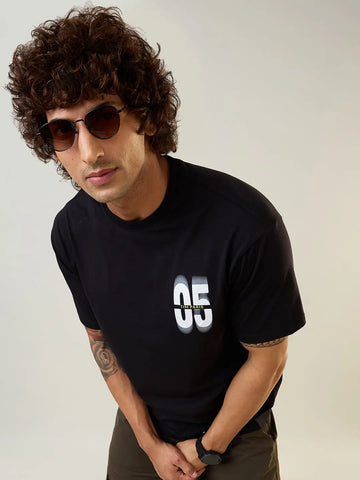 Black Printed Relaxed Fit T-Shirt Tim Paris
