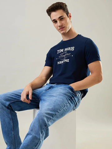 Dress Blue Round Neck Graphic Print T-Shirt Tim Paris