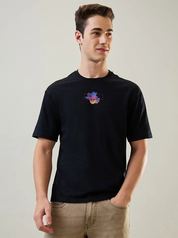 Jet Black Printed Relaxed Fit T-Shirt Tim Paris