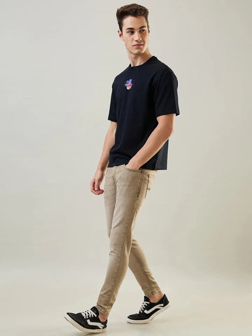 Jet Black Printed Relaxed Fit T-Shirt Tim Paris