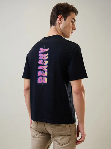 Jet Black Printed Relaxed Fit T-Shirt Tim Paris