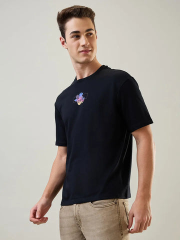 Jet Black Printed Relaxed Fit T-Shirt Tim Paris