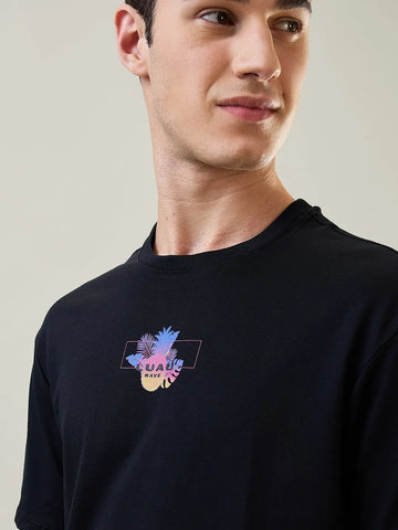 Jet Black Printed Relaxed Fit T-Shirt Tim Paris