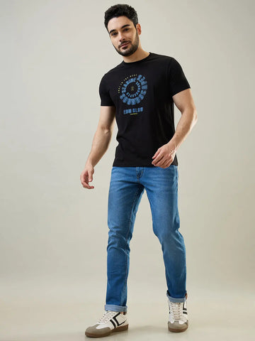 Black Graphic Print Round Neck T-Shirt Tim Paris