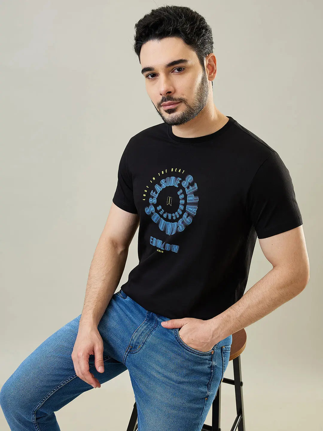 Black Graphic Print Round Neck T-Shirt Tim Paris