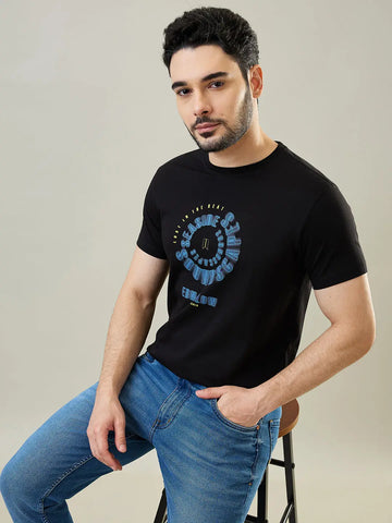 Black Graphic Print Round Neck T-Shirt Tim Paris