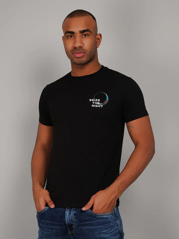 Black Round Neck Printed T-Shirt Tim Paris