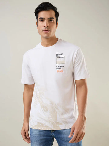 White Graphic Printed Round Neck Tim Paris