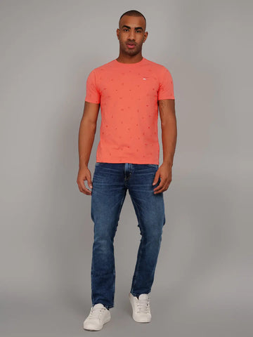 Hot Coral Pink Round Neck AOP Print T-Shirt Tim Paris