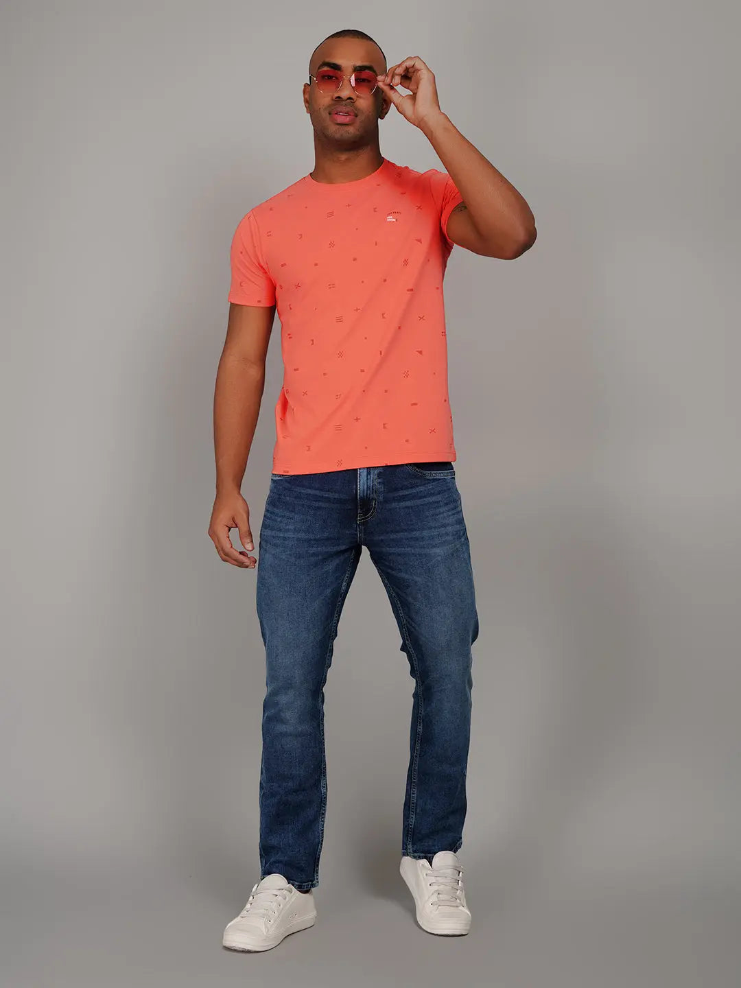 Hot Coral Pink Round Neck AOP Print T-Shirt Tim Paris