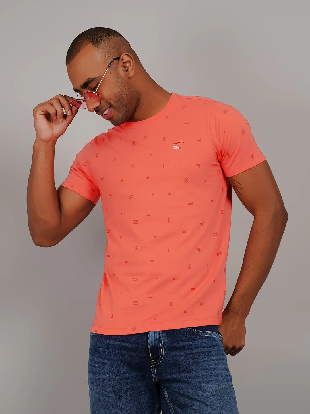 Hot Coral Pink Round Neck AOP Print T-Shirt Tim Paris