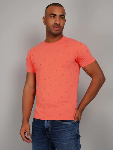 Hot Coral Pink Round Neck AOP Print T-Shirt Tim Paris