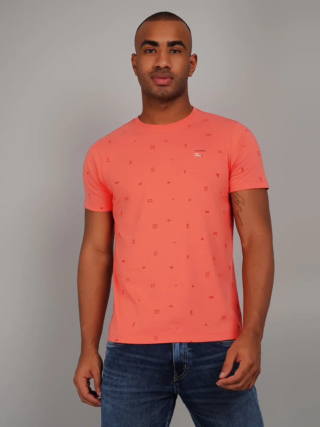 Hot Coral Pink Round Neck AOP Print T-Shirt Tim Paris