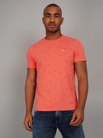 Hot Coral Pink Round Neck AOP Print T-Shirt Tim Paris
