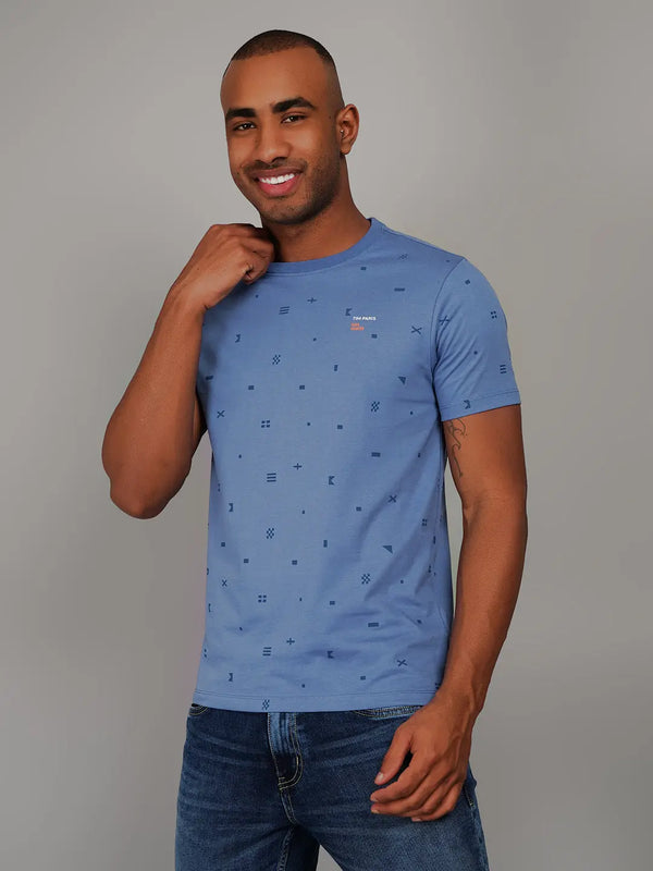 Riverside Blue Round Neck AOP Print T-Shirt Tim Paris