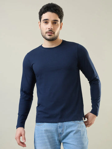 Navy Blue Solid Full Sleeve T-Shirt Tim Paris