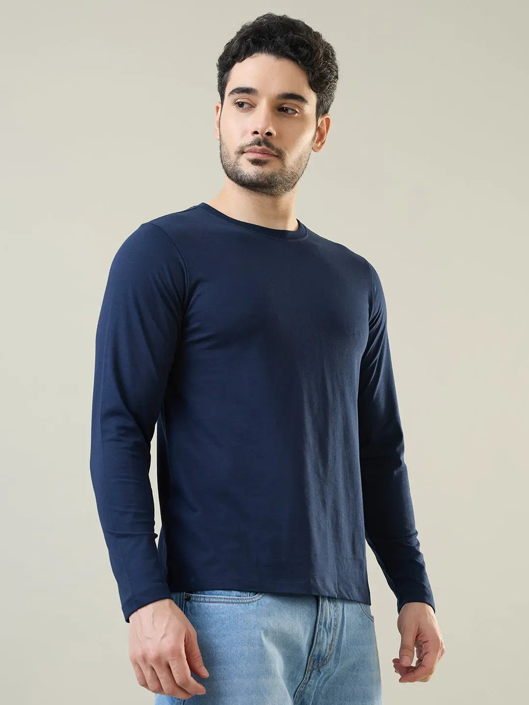 Navy Blue Solid Full Sleeve T-Shirt Tim Paris