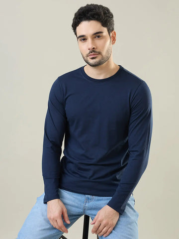 Navy Blue Solid Full Sleeve T-Shirt Tim Paris
