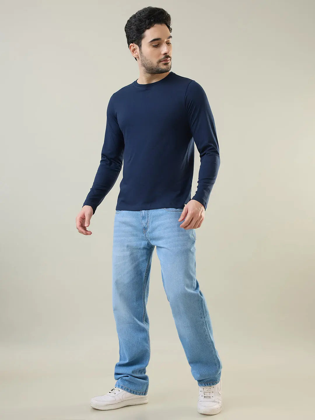 Navy Blue Solid Full Sleeve T-Shirt Tim Paris