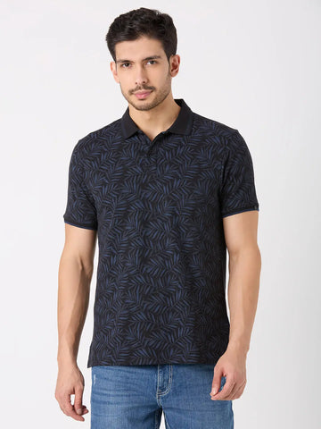 Black Printed Regular Fit Polo T-Shirt TIM PARIS