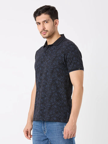 Black Printed Regular Fit Polo T-Shirt TIM PARIS