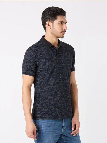 Black Printed Regular Fit Polo T-Shirt TIM PARIS