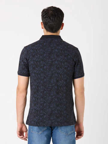 Black Printed Regular Fit Polo T-Shirt TIM PARIS