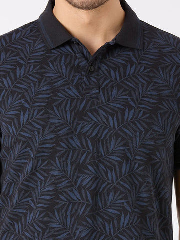 Black Printed Regular Fit Polo T-Shirt TIM PARIS
