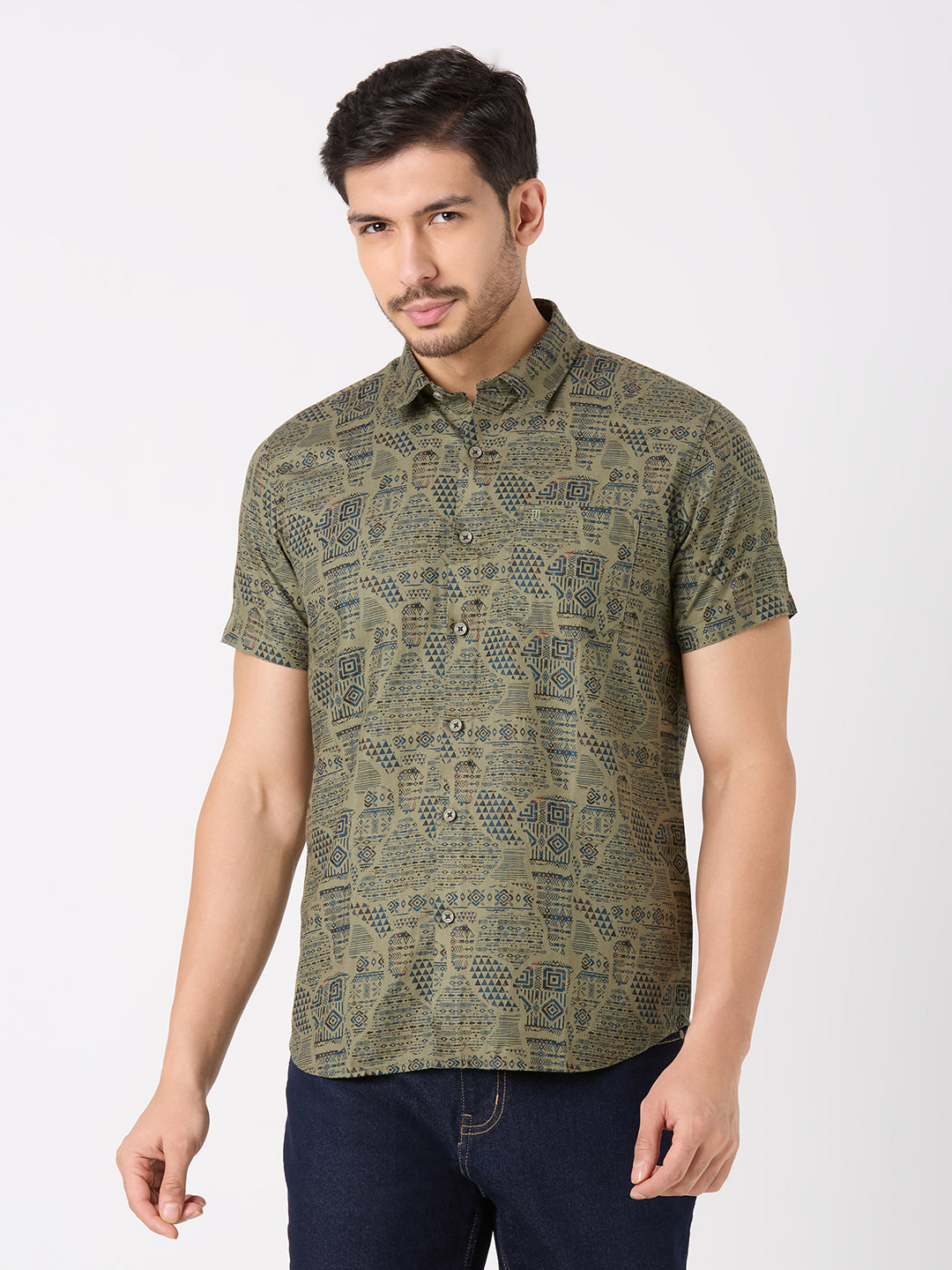 Olive Green Printed Regular Fit Shirt