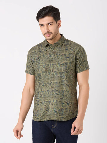 Olive Green Printed Regular Fit Shirt TIM PARIS