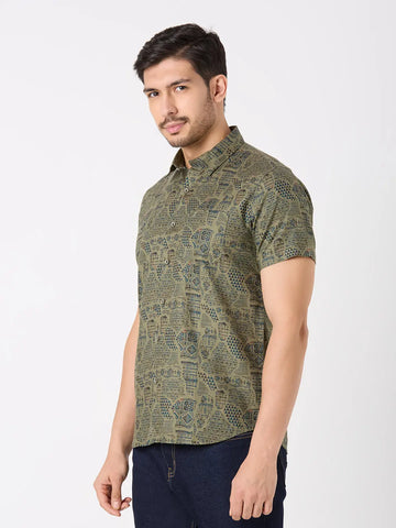 Olive Green Printed Regular Fit Shirt TIM PARIS