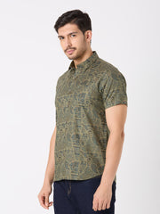 Olive Green Printed Regular Fit Shirt