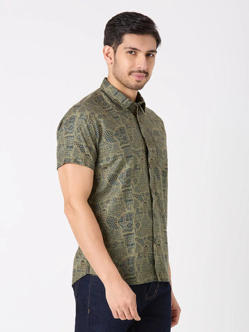 Olive Green Printed Regular Fit Shirt TIM PARIS