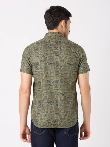Olive Green Printed Regular Fit Shirt TIM PARIS