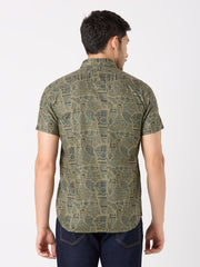 Olive Green Printed Regular Fit Shirt