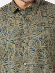 Olive Green Printed Regular Fit Shirt