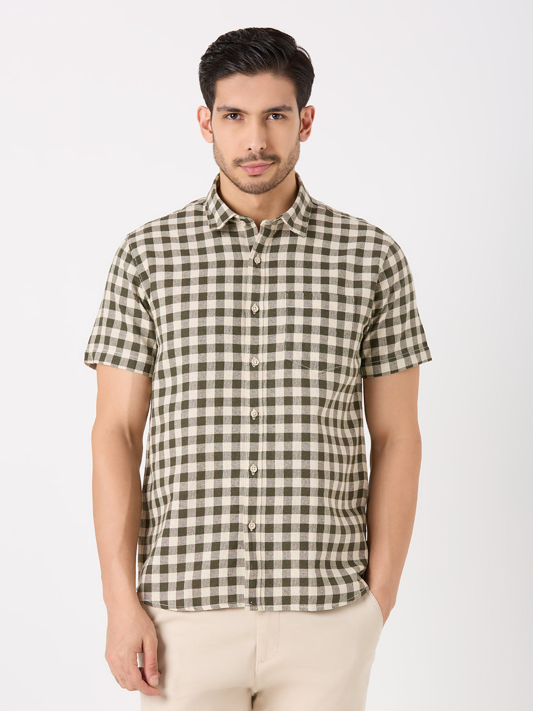 Olive Green Checkered Regular Fit Shirt