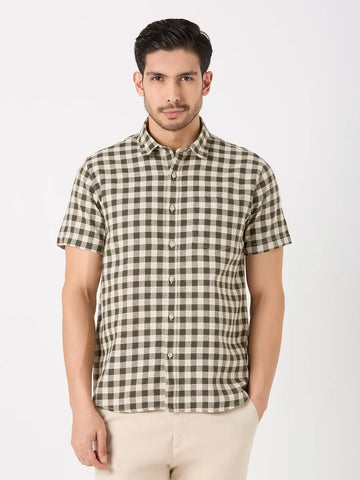 Olive Green Checkered Regular Fit Shirt TIM PARIS