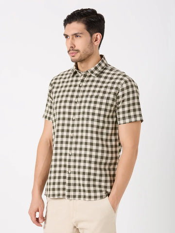 Olive Green Checkered Regular Fit Shirt TIM PARIS