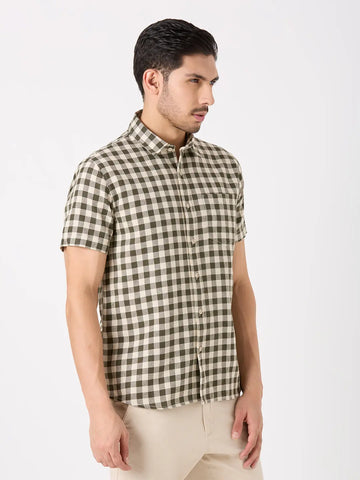 Olive Green Checkered Regular Fit Shirt TIM PARIS
