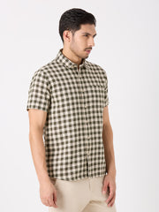 Olive Green Checkered Regular Fit Shirt